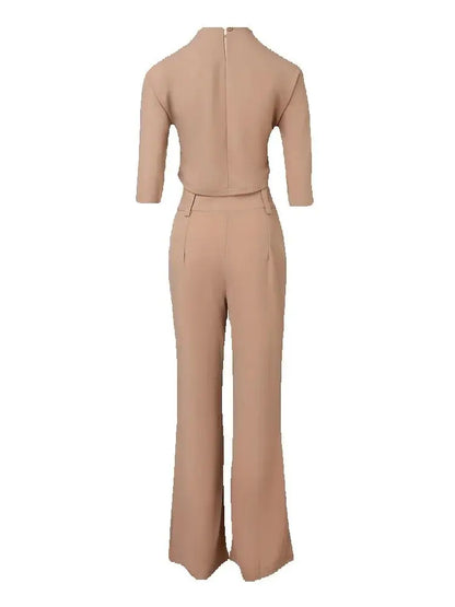 Elegant 2-Piece Women's Office Outfit Set with Mock Neck Crop Top And Buttoned Pants with Pocket Lady Work Wear matching Sets