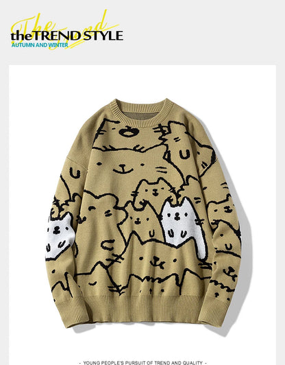 Autumn Cotton Anime Sweaters Men Retro Harajuku Vintage Oversized Sweaters Loose Cute Cartoon Cat Pullovers Homme Men Clothing