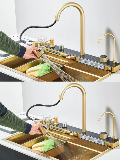 304 Stainless Steel Waterfall Kitchen Sink Large Single Slot Integrated Digital Display Faucet Set Soap Dispenser Cup Washer