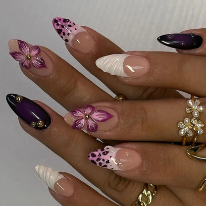 24Pcs Gradual Brown French Press on Nails 3D Mid-length Flowers Full Cover Almond Purple Nails with Colored Drawing Design Nail