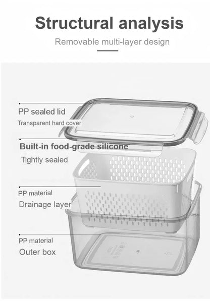 1- 3Pcs Refrigerator Organizer Boxes Fresh Fruit & Vegetable Keep - Fresh Containers with Draining Baskets Kitchen Storage Box