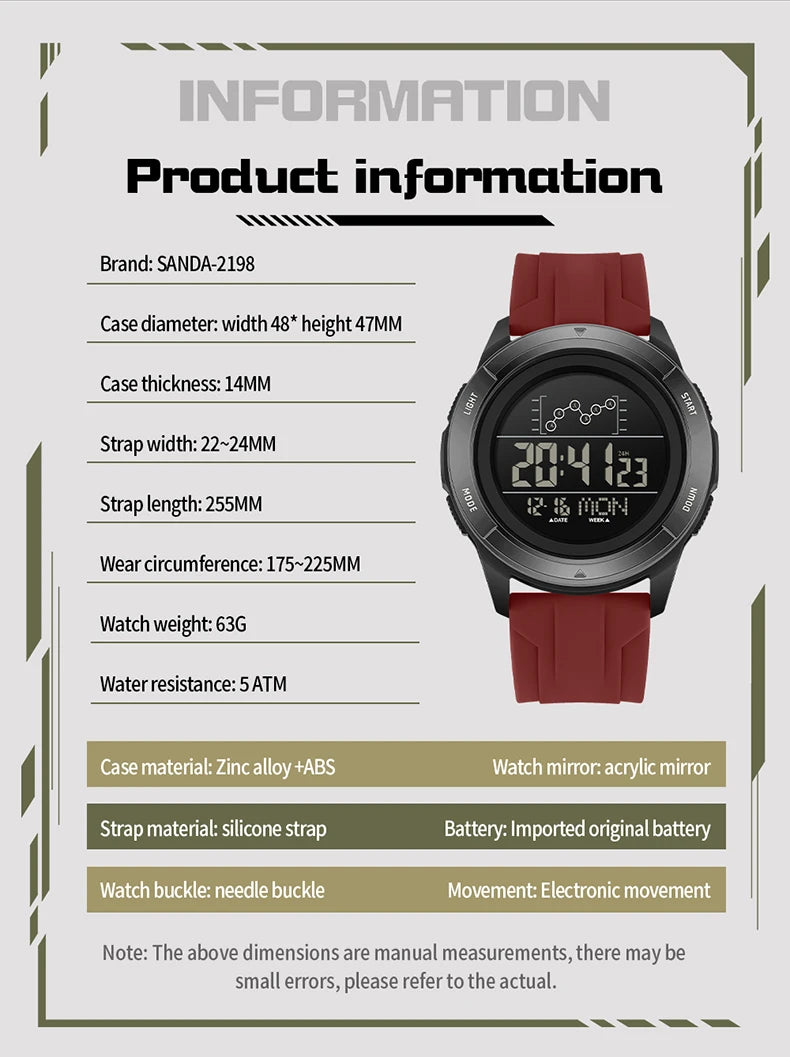 SANDA 2198 Single Monitor Male Student Electronic Watch Multifunctional Waterproof sports Student Electronic Watch 2025