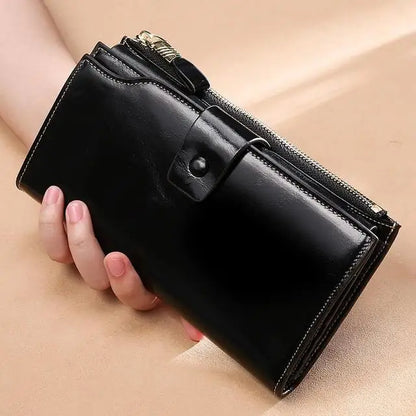RFID Blocking 100% Genuine Leather Women Wallet Long Lady Purse Brand Design Luxury Bag Oil Wax Card Holder Female Coin Clips
