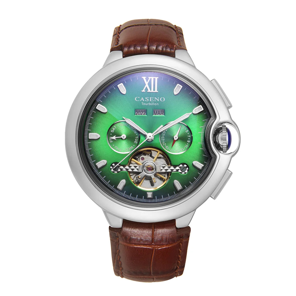 CASENO Fashion Trend Men's Blue Light Glass Night Light Scale Multi functional Fully Automatic Tourbillon Mechanical Watch 831BG