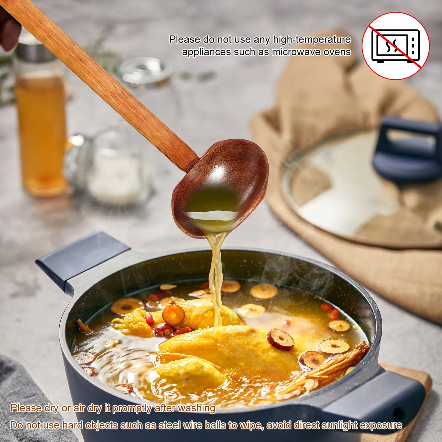 10PCS Wood Soup Spoon with Long Handle Japanese Style Ramen Spoon Large Hot Pot Spoon Tortoise Shell Spoon Serving Spoon