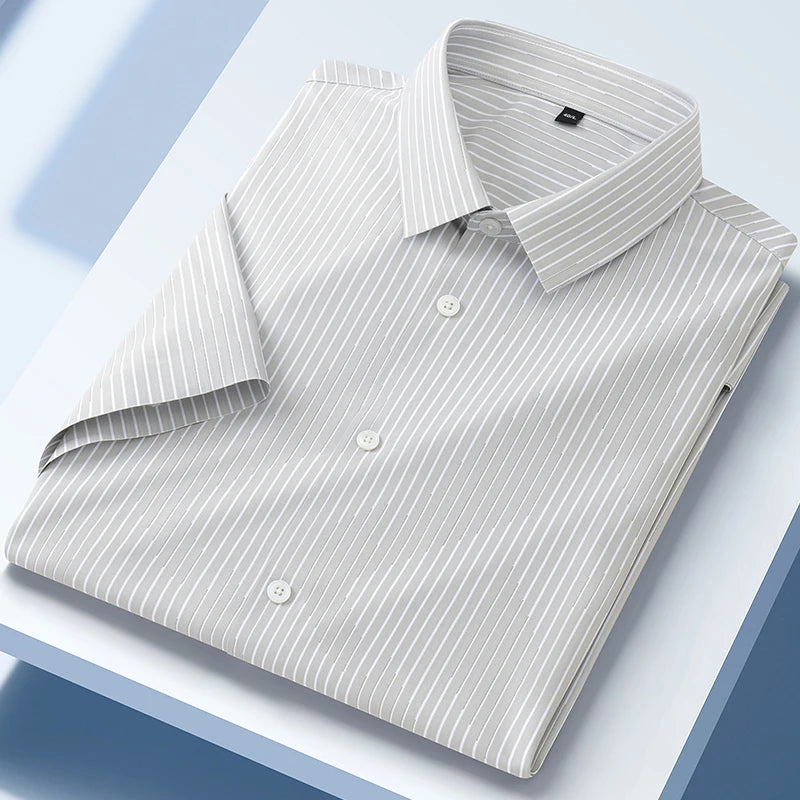 New in shirt summer short sleeve shirts for men slim fit formal plain shirt soft office striped top wrinkle free elastic clothes