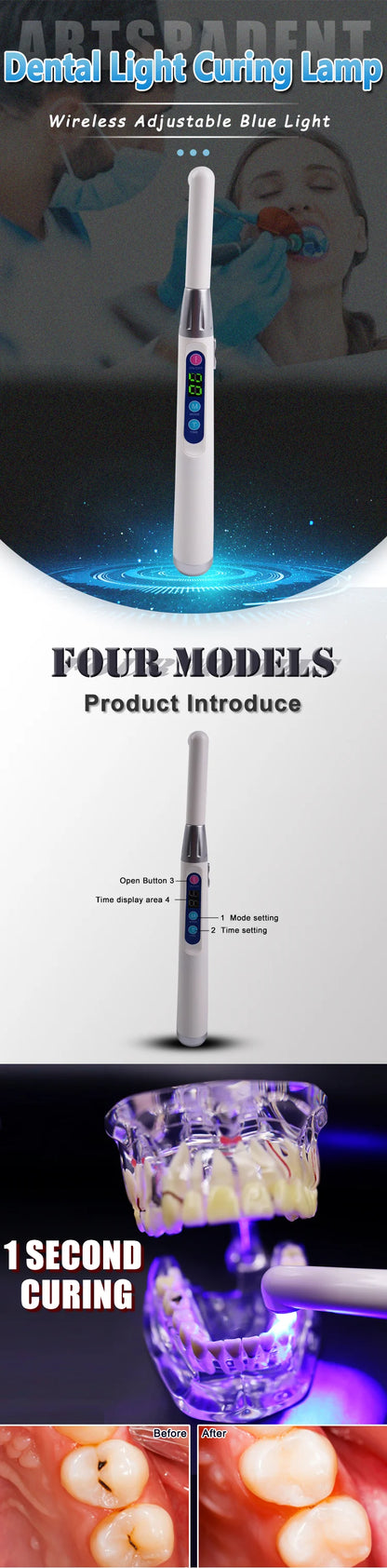 LED Dental Curing Lamp 1 second Light Cure with 3 Working Modes Full Power Adjustable Work Time Dentist Teeth Whitening Tool