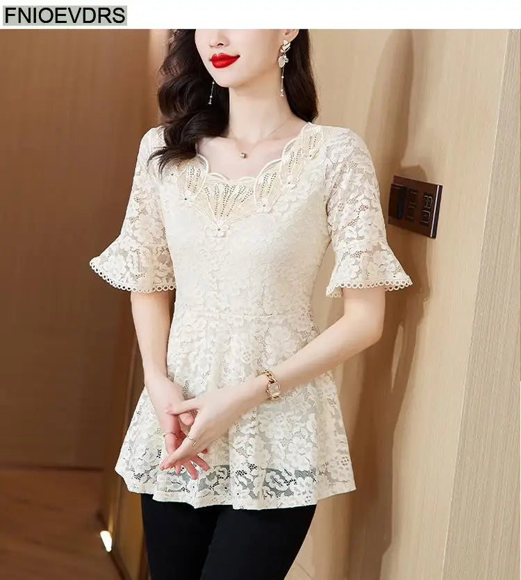 Office Shirts Basic Wear New Design 2025 Women Elegant Fashion Work Lady Bling Beaded Flare Sleeve Lace Tops Blouses