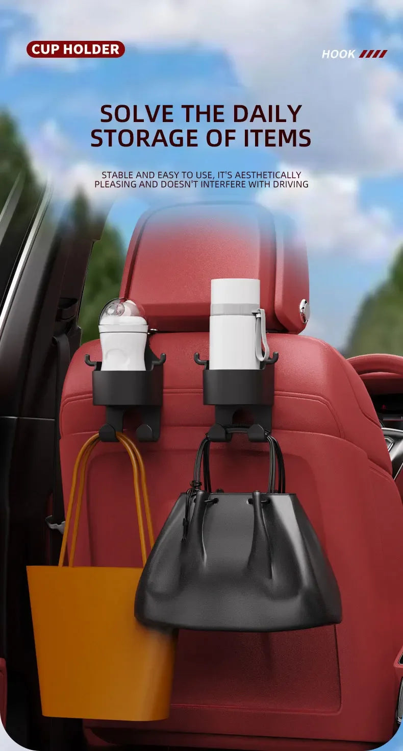 2Pcs Car Seat Headrest Hook Hanger Storage Organizer Universal with Cup Holder for Handbag Fit Universal Vehicle Car Accessories