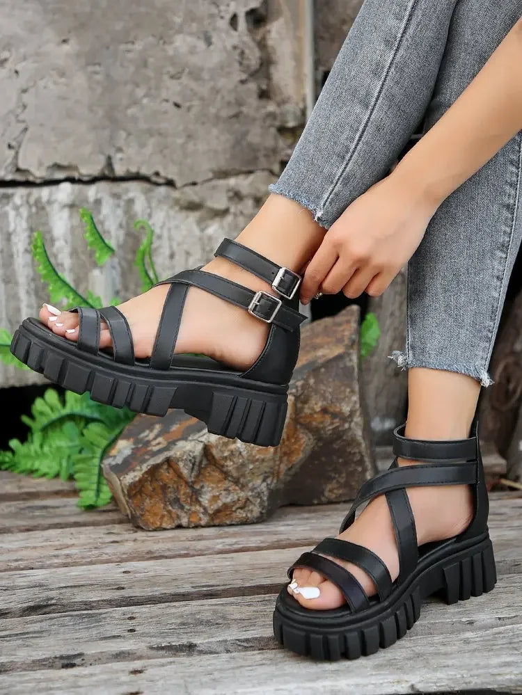 Chunky High Heels Roman Sandals for Women 2024 Summer Ankle Strap Plarform Sandals Woman Strap Thick Heeled Party Shoes