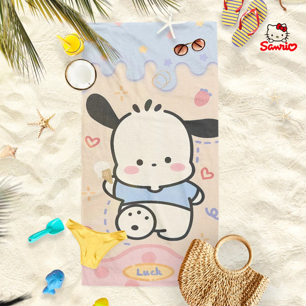 Adorable Cartoon-Printed Beach Towels: PomPomPuu, Pochacco, Cinnamo, and Kitty Designs! Suitable for towels, bath towels