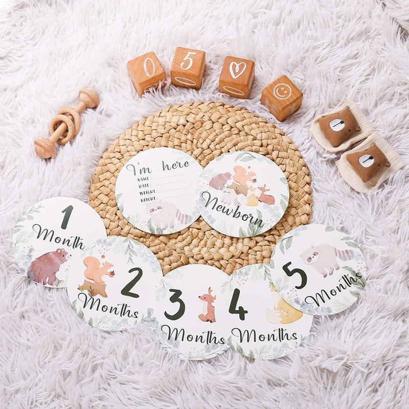 Newborn Baby Growth Milestones 0-12 Months Paper Card Photo Accessory Cartoon Animal Pictures Souvenir Props Baby's Birth Gift