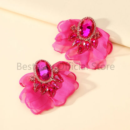 Bohemian Fabric Flower Earrings for Women Imitation Gemstone Floral Large Earrings Party Prom Beach Vacation Jewelry Accessories