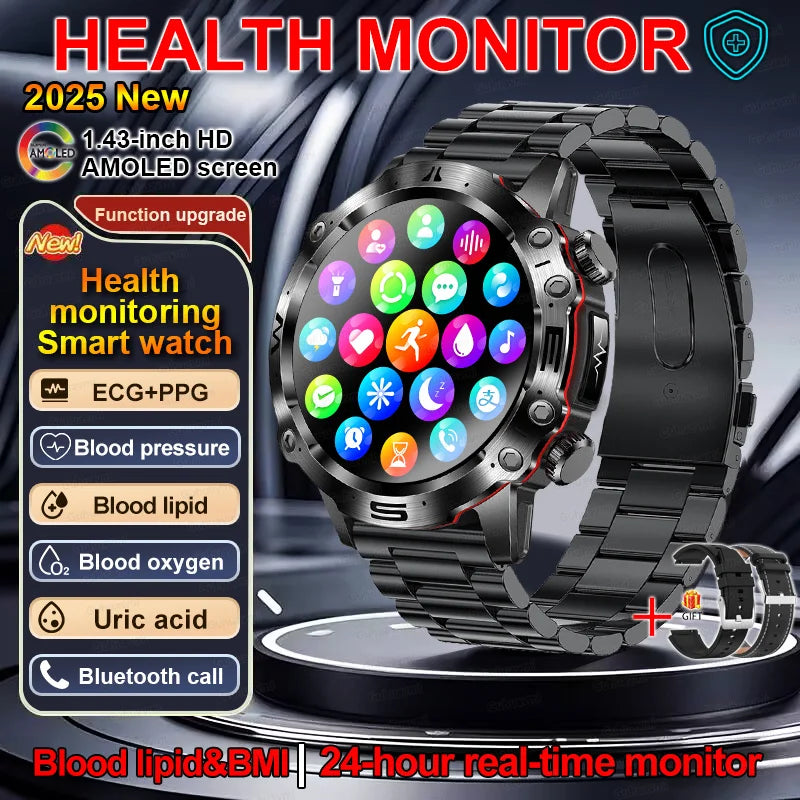 Sapphire 2025New Health managed Smart Watch Health measure Blood Fat Uric Acid Call ECG+PPG blood pressure Health Smartwatch IOS