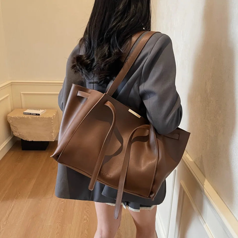 Big Shoulder Hand Commuting Bags for Women Large Capacity Drawstring Bucket Shopping Totes Top-Handle Bag 2025 Latest Handbags