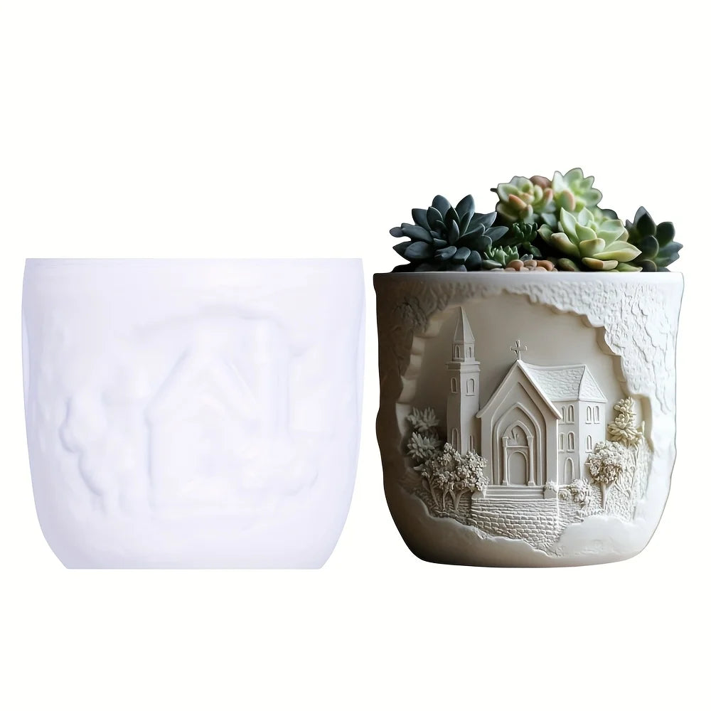Church relief succulent plant flowerpot resin silicone mold house church storage box mold tower church cross relief gypsum molds