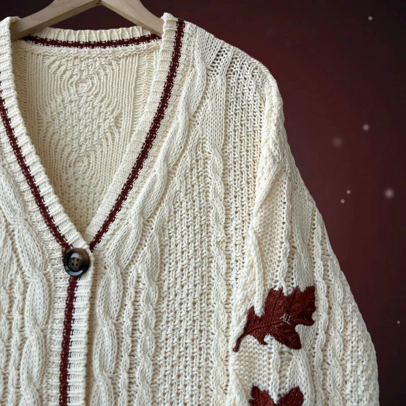 Autumn Leaves Cardigan Women Beige Knitted Cardigans with Red Maple Leaf Embroidery Folklore Girl Oversized Sweaters Tops Y2k