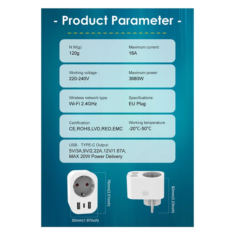 ABUO-Tuya Smart Plug Voice Control Wi-Fi Sockettimer Remote Control Energy Monitor EU Plug