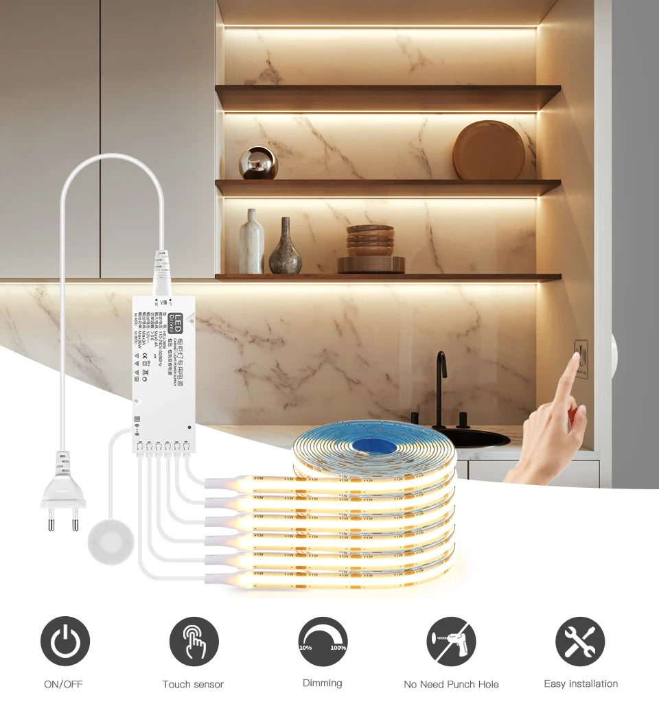 COB LED Strip Light Under Cabinet Collection Display Bookcase Wardrobe Closet Lamp Tape Penetrable Wood Dimmable Touch Sensor