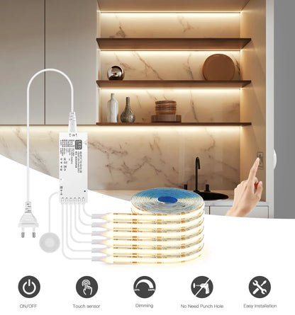COB LED Strip Light Under Cabinet Collection Display Bookcase Wardrobe Closet Lamp Tape Penetrable Wood Dimmable Touch Sensor