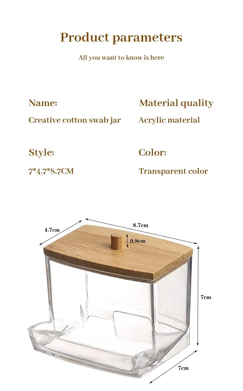 1set Transparent Acrylic Wood Cover Cotton Swab Box With 500 Cotton Swabs Cosmetic Cotton Storage Box