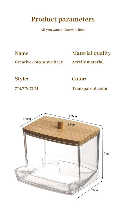 1set Transparent Acrylic Wood Cover Cotton Swab Box With 500 Cotton Swabs Cosmetic Cotton Storage Box