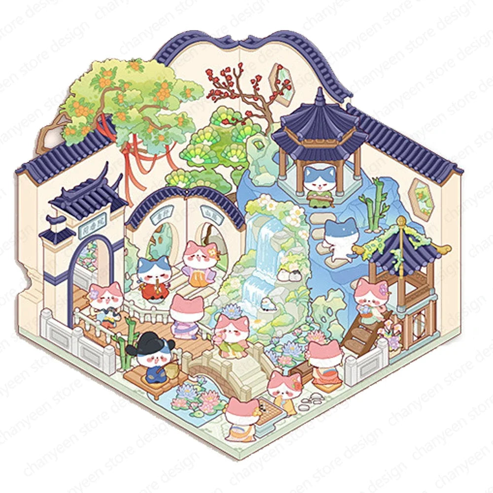 Cartoon 3D Chinatown Landscape Sticker Theater Pharmacy Restaurant DIY Pocket Cabin Scene Stickers Gift for Kid Child