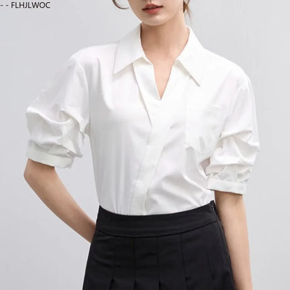 Office Lady Basics Fashion White Shirts New Women Summer Work Solid V Neck Tops Blouses French Design Interview Shirt Cotton