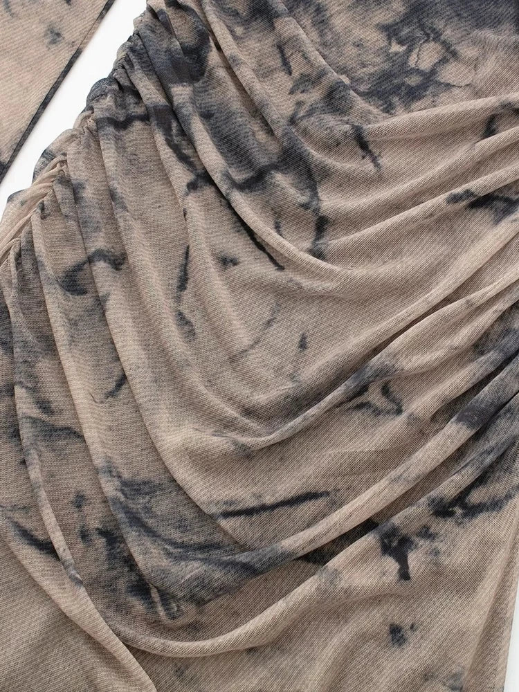 Tangada 2024 Women Print Pleated Mesh Dress Long Sleeve Sexy Famle Stand Collar Maxi Dresses 3H406