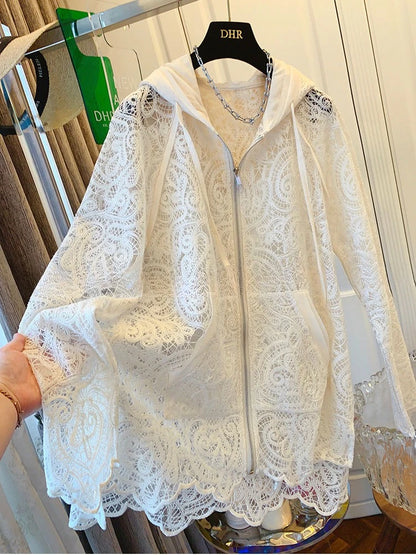 Oversized Tops Temperament Coat Women's Clothing Hooded Lace Hollow Out Outwear 2025 Ropa Mujer Casual Summer Fashion Jackets