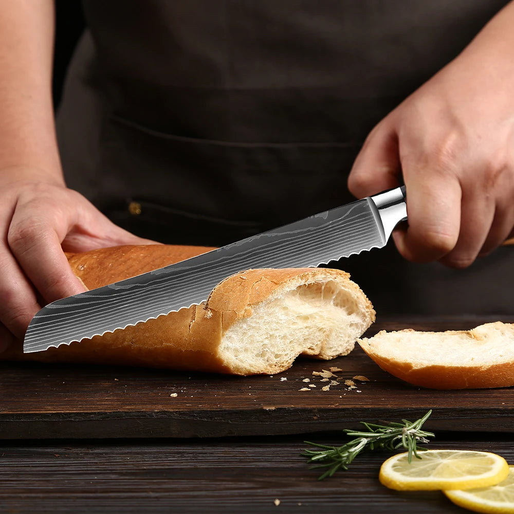 Bread Knife,8 inch Serrated Knife,Damascus laser Pattern Steel Bread Knife for Homemade Bread,Razor Sharp Edge for Slicing Bread