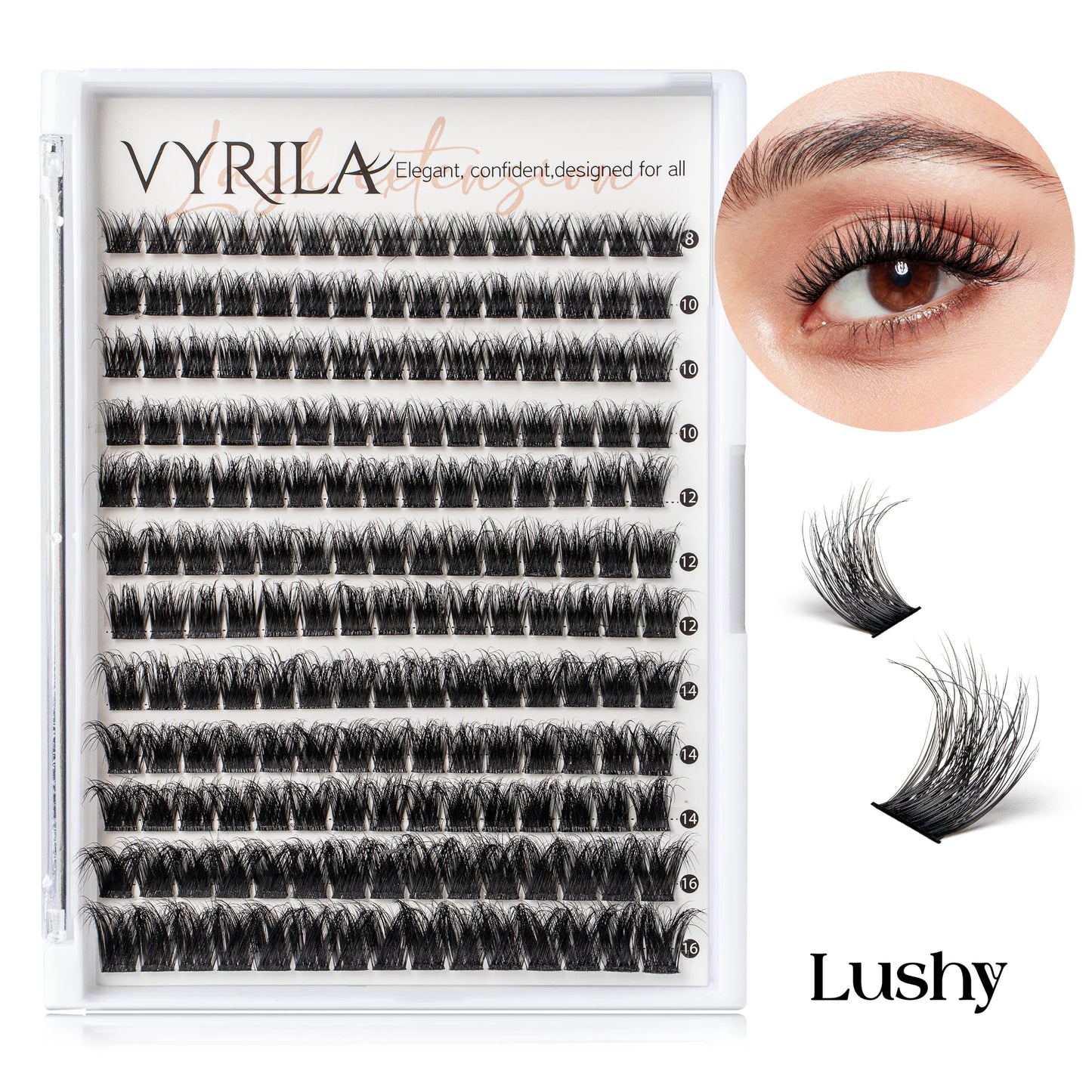 VYRILA Lash Extension Kit Wispy C Curl Lash Clusters Kit Hush 8-16mix Individual Lashes with Lash Bond and Seal Lash Tweezers
