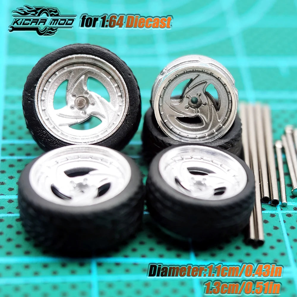 Kicarmod 1/64 Model Car ABS Wheels with Rubber Tire Metal Rims Front Small Rear Large Refitting Parts For Model Car Hot Wheels
