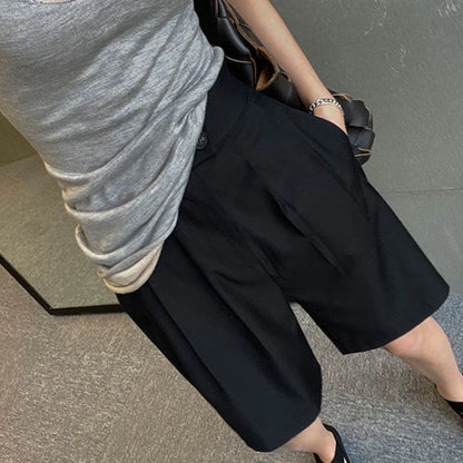 Korean Office Suits Shorts for Women Fashion Double-buttons High Waist Knee-length Pants Woman 2023 Summer Casual Short