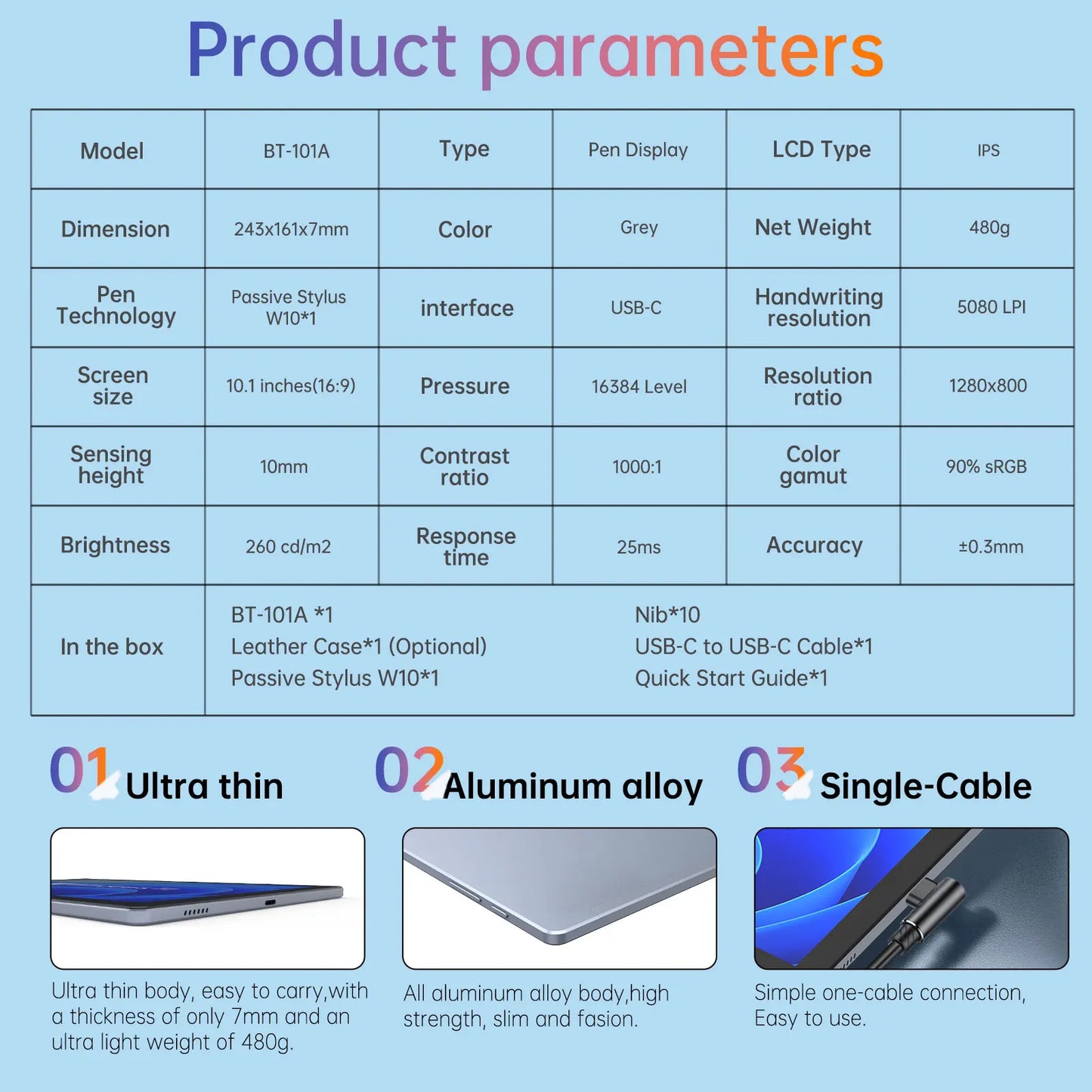 BOSTO BT-101A Portable Graphics Drawing Tablet 10.1 Inch IPS Screen Display with Finger Touch Anti-glare 16384 Pressure Level