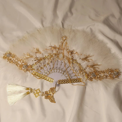 Feather Fan Lolita Dance Cheongsam Catwalk Show Folding Fan Retro Nostalgic Hanfu Fairy Lace Fan