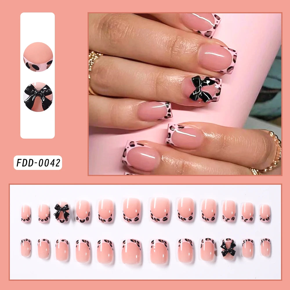 24Pcs Pink Leopard Print French Tips False Nails Short Square Head 3D Black Bowknot Fake Nails Acrylic Full Cover Press on Nails