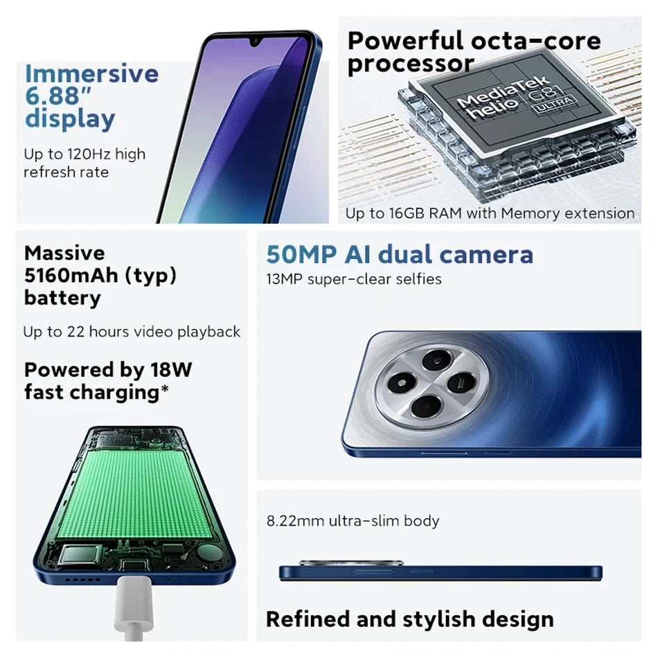 Global Version Xiaomi Redmi 14C Smartphone 8GB 256GB MediaTek Helio G81-Ultra Processor 6.88" 120Hz Display 50MP AI Dual Camera