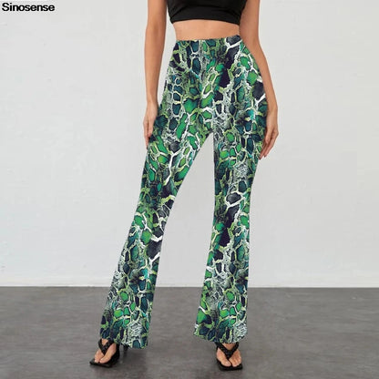 Womens Serpentine Print Flare Pants Stretch Boho Bell Bottoms High Waist Wide Leg Long Palazzo Pants Y2K Streetwear Trousers