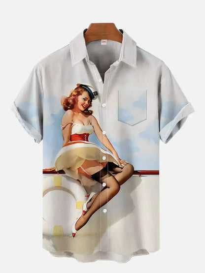 1980s Vintage Pin Up Girl Poster Sexy Girls Blonde Beauty 3D Prints Men's Short Sleeved Shirts For Men Fashion Hawaiian Shirt