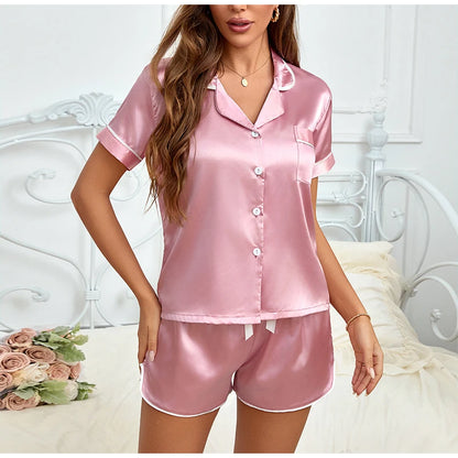Women Silk Satin Pajamas Set Two-piece Pj Sets Sleepwear Loungewear Button-Down Pajama Women 2 Piece Pijama Homewear Shorts Set
