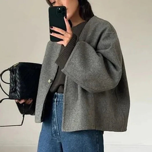 Tweed Jackets for Women Vintage V Neck Oversize Coats Autumn Winter 2024 Fashion Single Button Crop Jacket Casual Elegant Coat