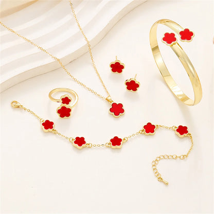 5pcs Lucky Five-petal Flower Women's Jewelry Set, Fashion Flower Bracelet + Necklace + Earrings + Bracelet + Ring Set, Birthday