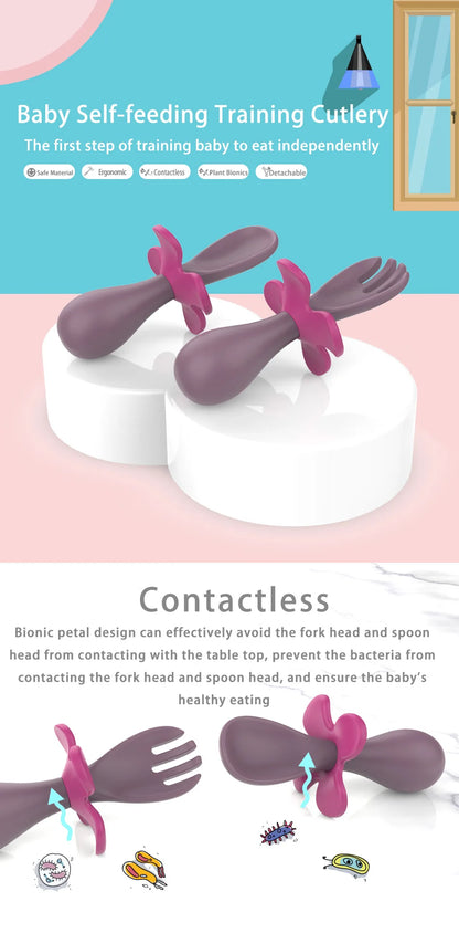 2pcs/set Food Grade Silicone Mini Fork Spoon For Baby petal  Print Utensils Set Feeding Spoon Learn To Eat Children's Tableware