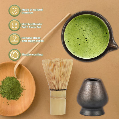 5PCS Japanese Matcha Tea Set Includes Matcha Bowl w Spout Matcha Whisk Holder Matcha Whisk Tea Scoop Tea-making Tools Accessorie
