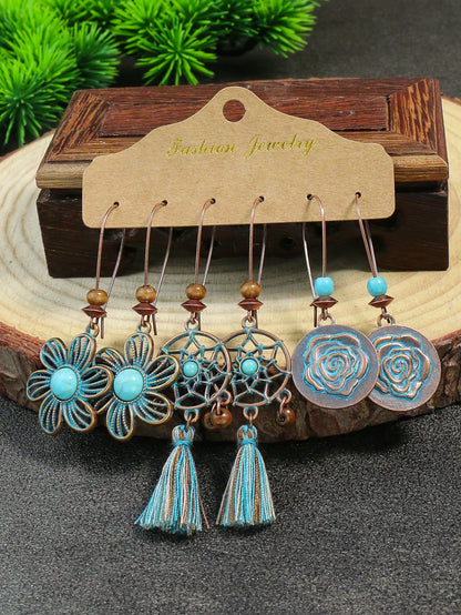 Bohemian style alloy retro handmade tassel weaving dream net ethnic storm Bohemian earrings