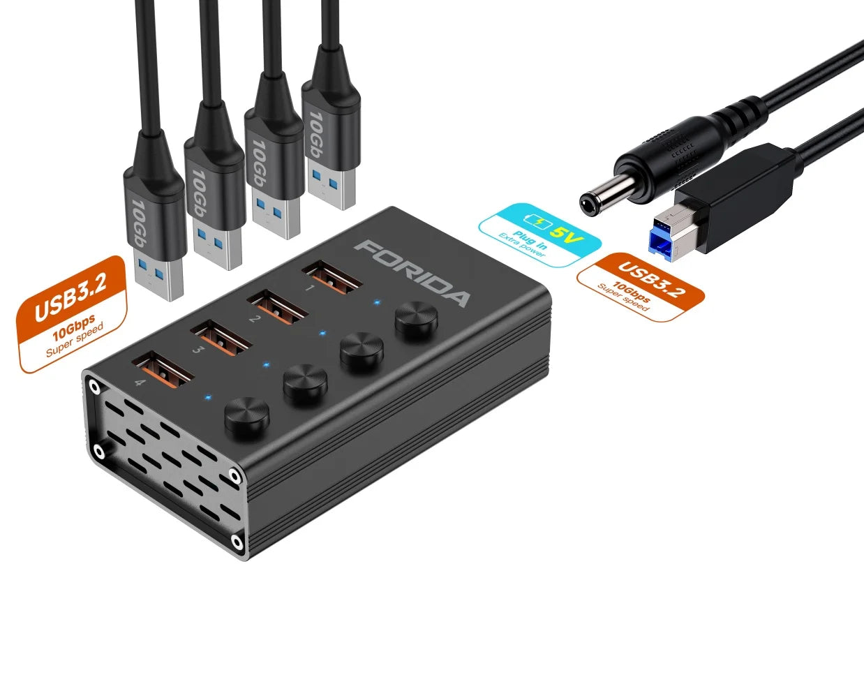 FORIDA USB C Hub 3.2 10Gbps 4/7 Port Aluminium Alloy Docking Stations Splitter LED Switches Adapter for MacBook Laptop Phone