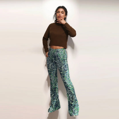Womens Serpentine Print Flare Pants Stretch Boho Bell Bottoms High Waist Wide Leg Long Palazzo Pants Y2K Streetwear Trousers