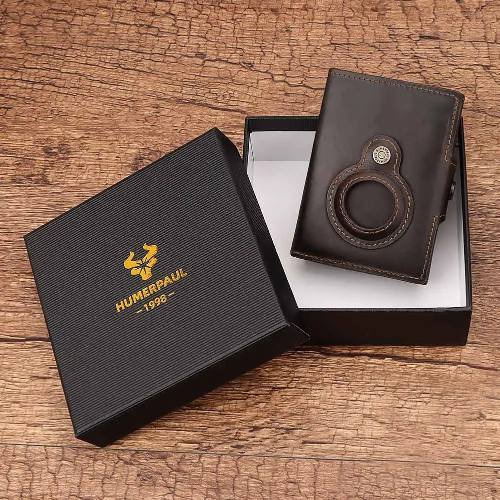 Cowhide Leather Men's Wallet RFID Blocking Protect Cardholder Automatic Card Case for Women with Apple AirTag Holder