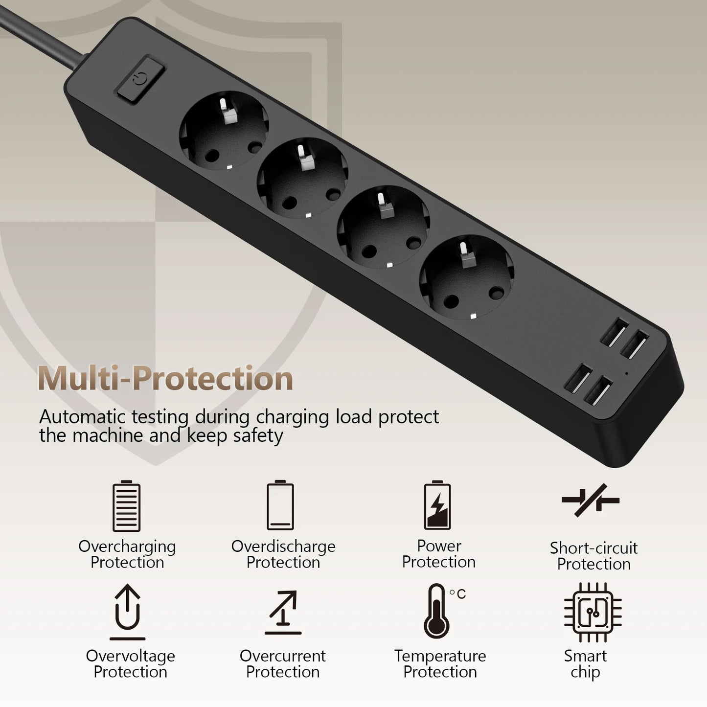 EU Electrical Socket With Safety Switch Power Strip 1.5M Extension Cable Overload Protection USB A Port Charging  On Home  2500W